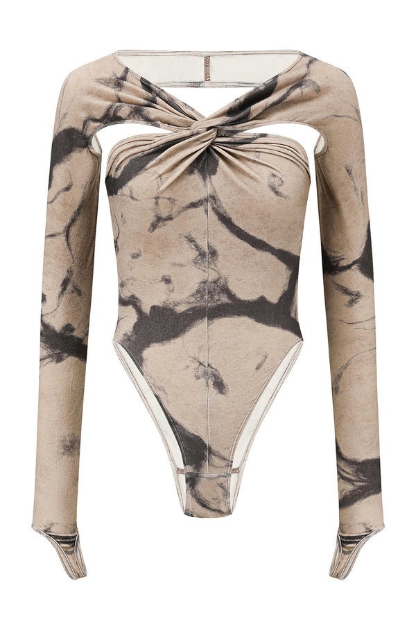 OUDE WAAG 25 Autumn/Winter Knot Stretch Velvet Bodysuit OW-OW-25AW-BD01P2WI018-MHYH Beige Gray Print